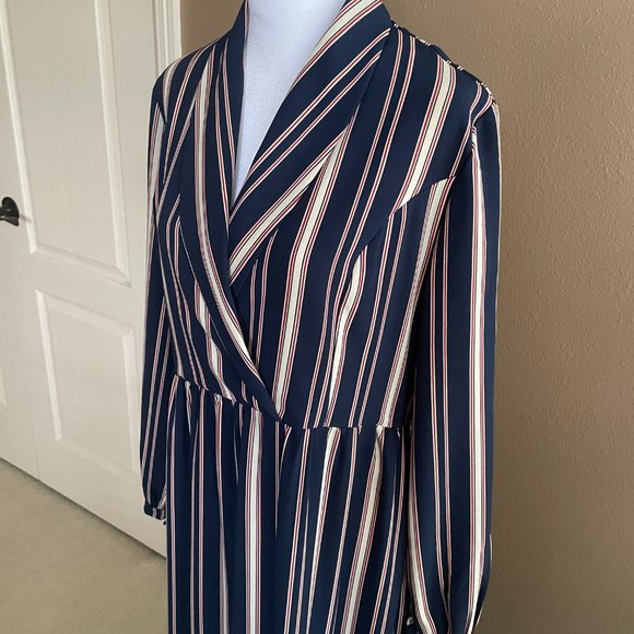 Navy Stripe Surplice Collar Long Sleeve Dress Overlay - Picture 2 of 11